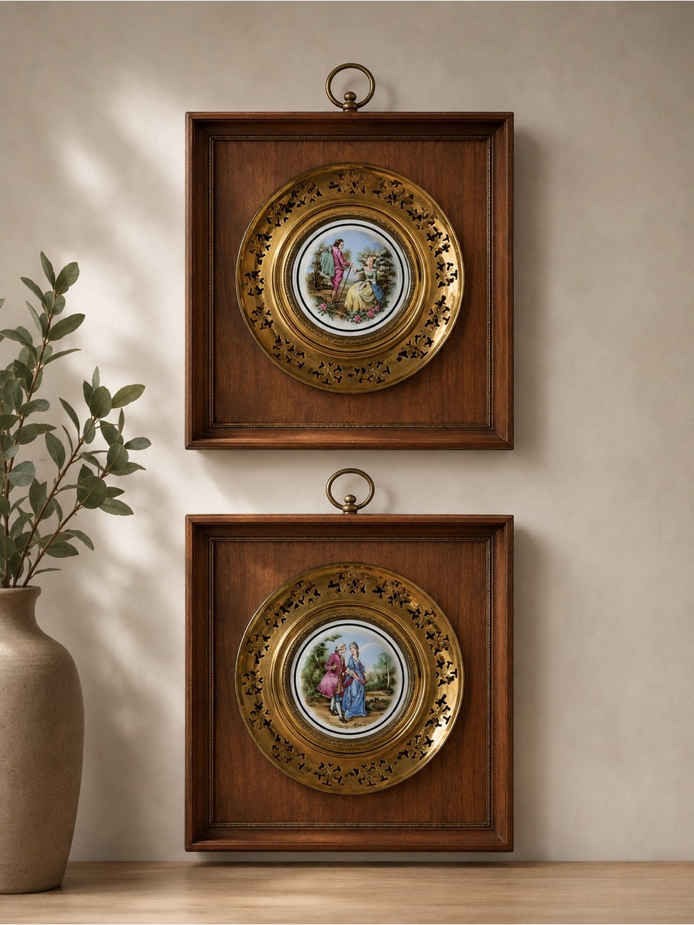 Vintage Porcelain Courting Couple Wall Plates Brass Wood frames Set
